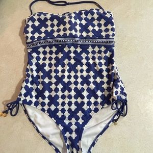 Women’s Kate Spade Swimsuit size Large Navy Blue White Bathing suit one piece